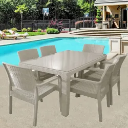 Σετ Τραπεζαρία 7 τεμαχίων 90x150x75 Τύπου Rattan Εκρού