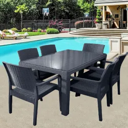 Σετ Τραπεζαρία 7 τεμαχίων 90x150x75 Τύπου Rattan Γκρι Μπλε