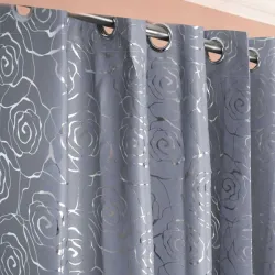 Κουρτίνα με μεταλλικά Κρίκους 270x280 Γκρί με Ασημί Σχέδιο Τριαντάφυλλο