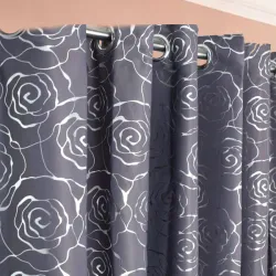 Κουρτίνα με μεταλλικά Κρίκους 270x280 Γκρί με Ασημί Σχέδιο Τριαντάφυλλο