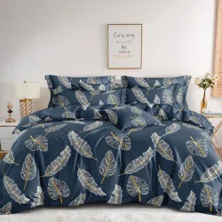 Σετ Παπλωματοθήκη Υπέρδιπλη 5τμχ 220x240 Σκούρο Μπλε με σχέδιο Φύλλα