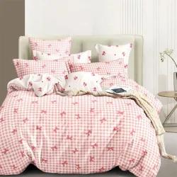 Σετ σεντόνια Υπέρδιπλα με Λάστιχο Ανοιχτό Κόκκινο Καρό  με Φιογκάκια Σχέδιο 220Χ240