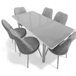 Σετ Τραπεζαρία 6 Καρέκλες Βελούδινες Τραπέζι Με Τζάμι Πτυσσόμενο 170Χ80Χ77 Μονόχρωμο Γκρι