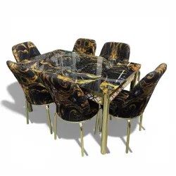 Σετ Τραπεζαρία 6 Καρέκλες Βελούδινες Τραπέζι Με Τζάμι Πτυσσόμενο 170Χ80Χ77 Μαύρο Χρυσό 