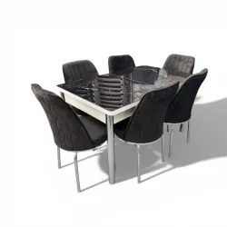 Σετ Τραπεζαρία 6 Καρέκλες Βελούδινες Τραπέζι Με Τζάμι Πτυσσόμενο 170Χ80Χ77 Μαύρο Μάρμαρο