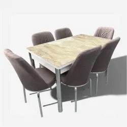 Σετ Τραπεζαρία 6 Καρέκλες Βελούδινες Τραπέζι Με Τζάμι Πτυσσόμενο 170Χ80Χ77 Μπεζ Μάρμαρο