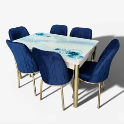 Σετ Τραπεζαρία 6 Καρέκλες Βελούδινες Τραπέζι Με Τζάμι Πτυσσόμενο 170Χ80Χ77 μπλε