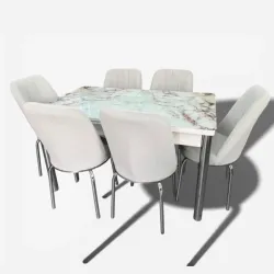 Σετ Τραπεζαρία 6 Καρέκλες Βελούδινες Τραπέζι Με Τζάμι Πτυσσόμενο 170Χ80Χ77 Γκρι Μάρμαρο