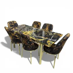 Σετ Τραπεζαρία 6 Καρέκλες Βελούδινες Τραπέζι Με Τζάμι Πτυσσόμενο 170Χ80Χ77 Μαύρο Χρυσό 