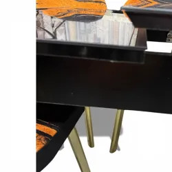 Σετ Τραπεζαρία 6 Καρέκλες Βελούδινες Τραπέζι Με Τζάμι Πτυσσόμενο 170Χ80Χ77 Μαύρο Πορτοκαλί