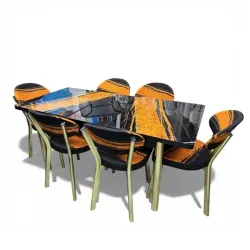 Σετ Τραπεζαρία 6 Καρέκλες Βελούδινες Τραπέζι Με Τζάμι Πτυσσόμενο 170Χ80Χ77 Μαύρο Πορτοκαλί