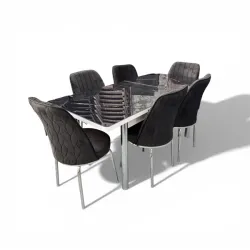 Σετ Τραπεζαρία 6 Καρέκλες Βελούδινες Τραπέζι Με Τζάμι Πτυσσόμενο 170Χ80Χ77 Μαύρο Μάρμαρο