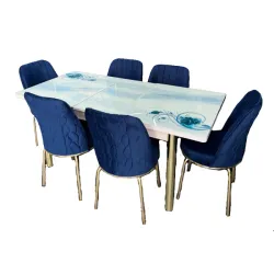 Σετ Τραπεζαρία 6 Καρέκλες Βελούδινες Τραπέζι Με Τζάμι Πτυσσόμενο 170Χ80Χ77 μπλε