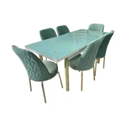 Σετ Τραπεζαρία 6 Καρέκλες Βελούδινες Τραπέζι Με Τζάμι Πτυσσόμενο 170Χ80Χ77 Βεραμάν 