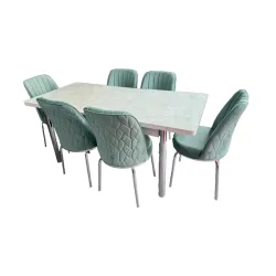 Σετ Τραπεζαρία 6 Καρέκλες Βελούδινες Τραπέζι Με Τζάμι Πτυσσόμενο 170Χ80Χ77 Βεραμάν Μάρμαρο