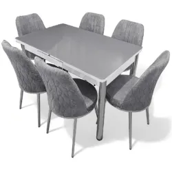 Σετ Τραπεζαρία 6 Καρέκλες Βελούδινες Τραπέζι Με Τζάμι Πτυσσόμενο 170Χ80Χ77 Μονόχρωμο Γκρι