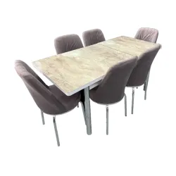Σετ Τραπεζαρία 6 Καρέκλες Βελούδινες Τραπέζι Με Τζάμι Πτυσσόμενο 170Χ80Χ77 Μπεζ Μάρμαρο