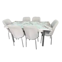Σετ Τραπεζαρία 6 Καρέκλες Βελούδινες Τραπέζι Με Τζάμι Πτυσσόμενο 170Χ80Χ77 Γκρι Μάρμαρο