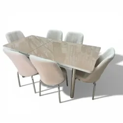 Σετ Τραπεζαρία 6 Καρέκλες Βελούδινες Τραπέζι Με Τζάμι Πτυσσόμενο 170Χ80Χ77 Μπεζ