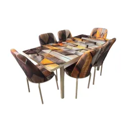 Σετ Τραπεζαρία 6 Καρέκλες Βελούδινες Τραπέζι Με Τζάμι Πτυσσόμενο 170Χ80Χ77 Απομίμηση Ξύλου
