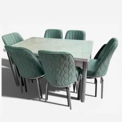 Σετ Τραπεζαρία 6 Καρέκλες Βελούδινες Τραπέζι Με Τζάμι Πτυσσόμενο 170Χ80Χ77 Βεραμάν Μάρμαρο