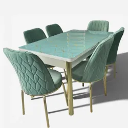 Σετ Τραπεζαρία 6 Καρέκλες Βελούδινες Τραπέζι Με Τζάμι Πτυσσόμενο 170Χ80Χ77 Βεραμάν 