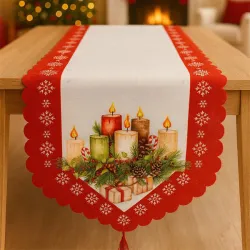 Χριστουγεννιάτικη Τραβέρσα Κόκκινη Λευκή με Σχέδιο Κεριά 40x180cm